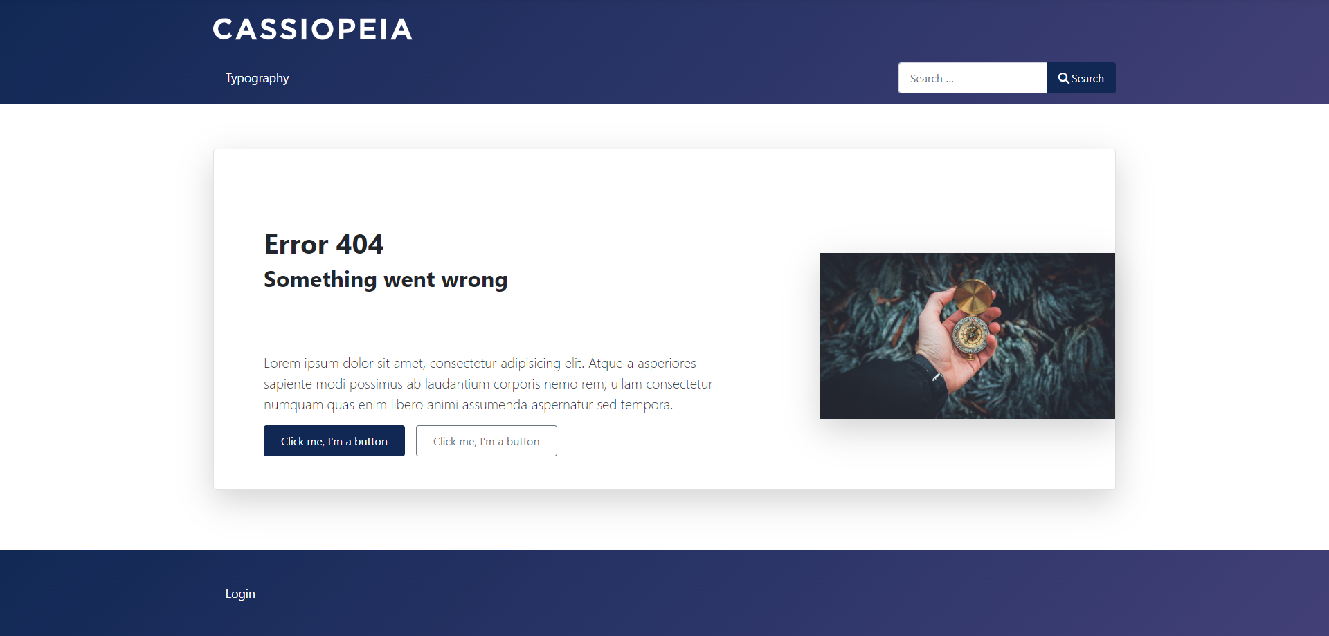 Screenshot of custom 404 error page with images and buttons