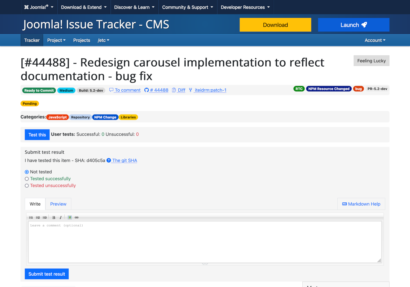 issue tracker test result form