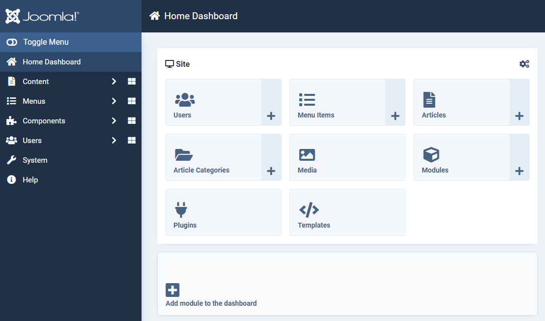 screenshot of the joomla admin in english showing the sidebar on the left of the screen