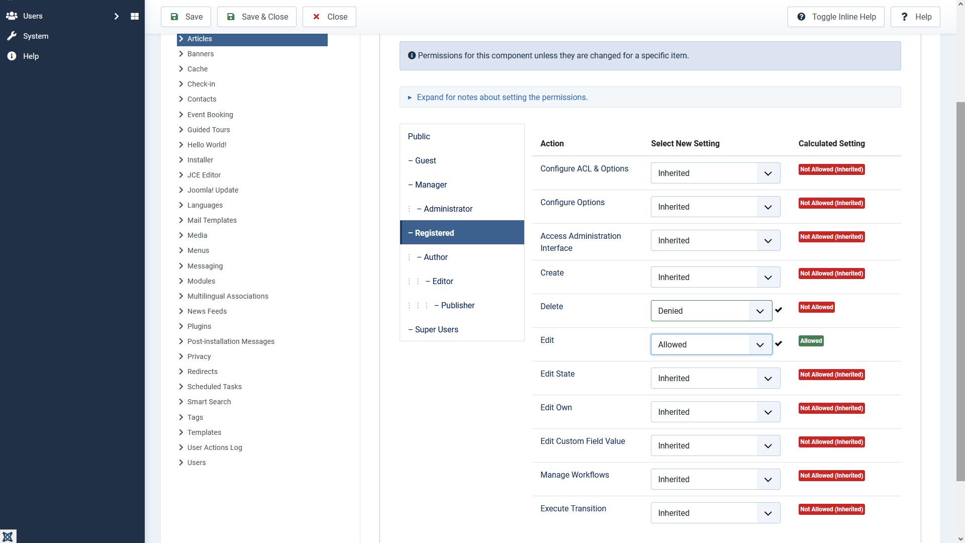 Joomla Permissions Example